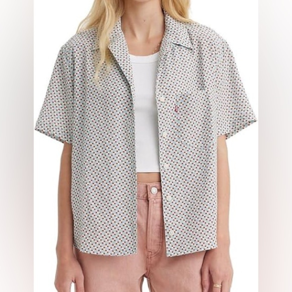 Levis Womens Large Short Sleeve Button-Up Shirt Blue White Tan Checker Linen